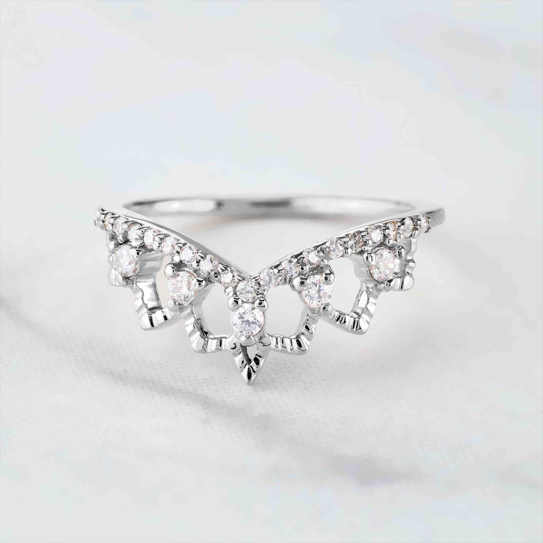 Art Deco Ring Enhancer CZ Tiara Wedding Band Crown Engagement Ring Rose Gold