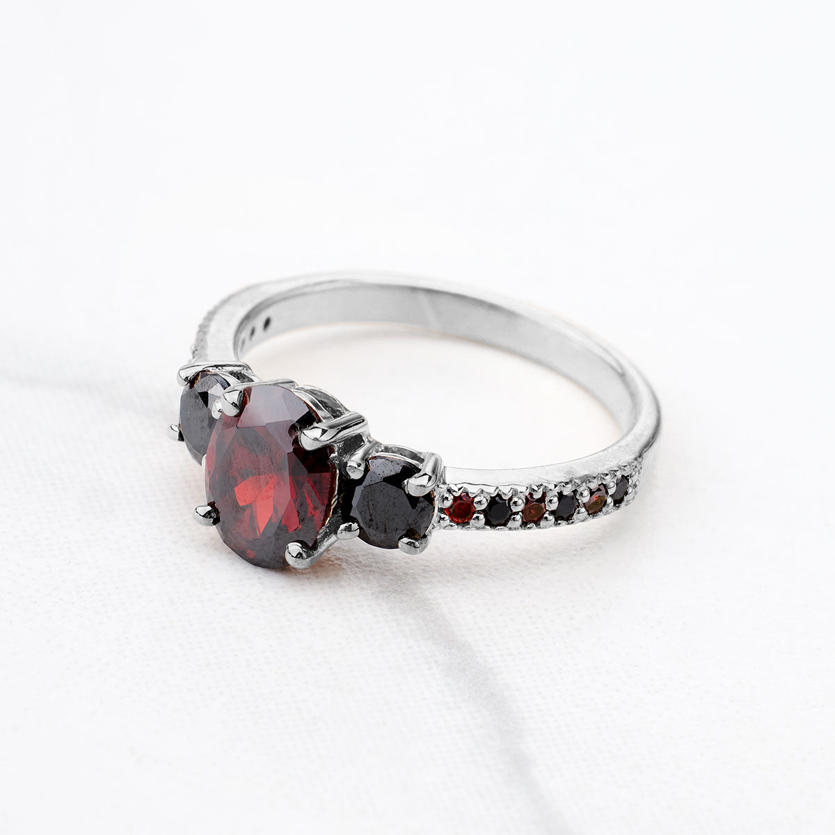 Red and Black Gothic Ring Multi Gemstone Oval Cut 3 Stone Engagement Ring