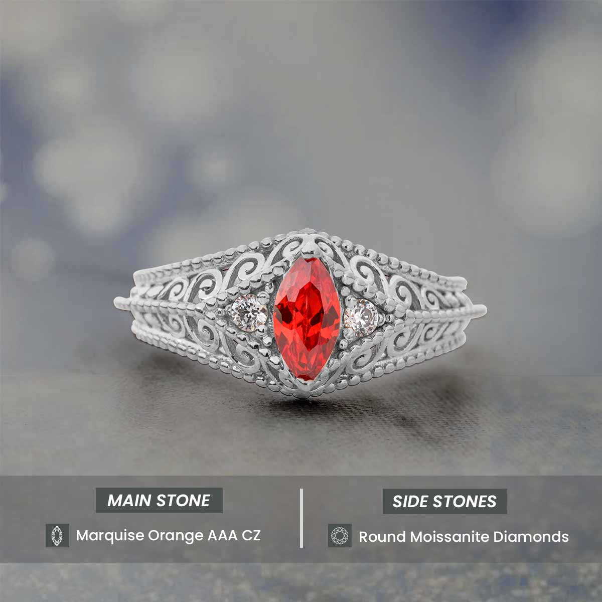 Orange Sapphire Filigree Ring Marquise Vintage Engagement Ring