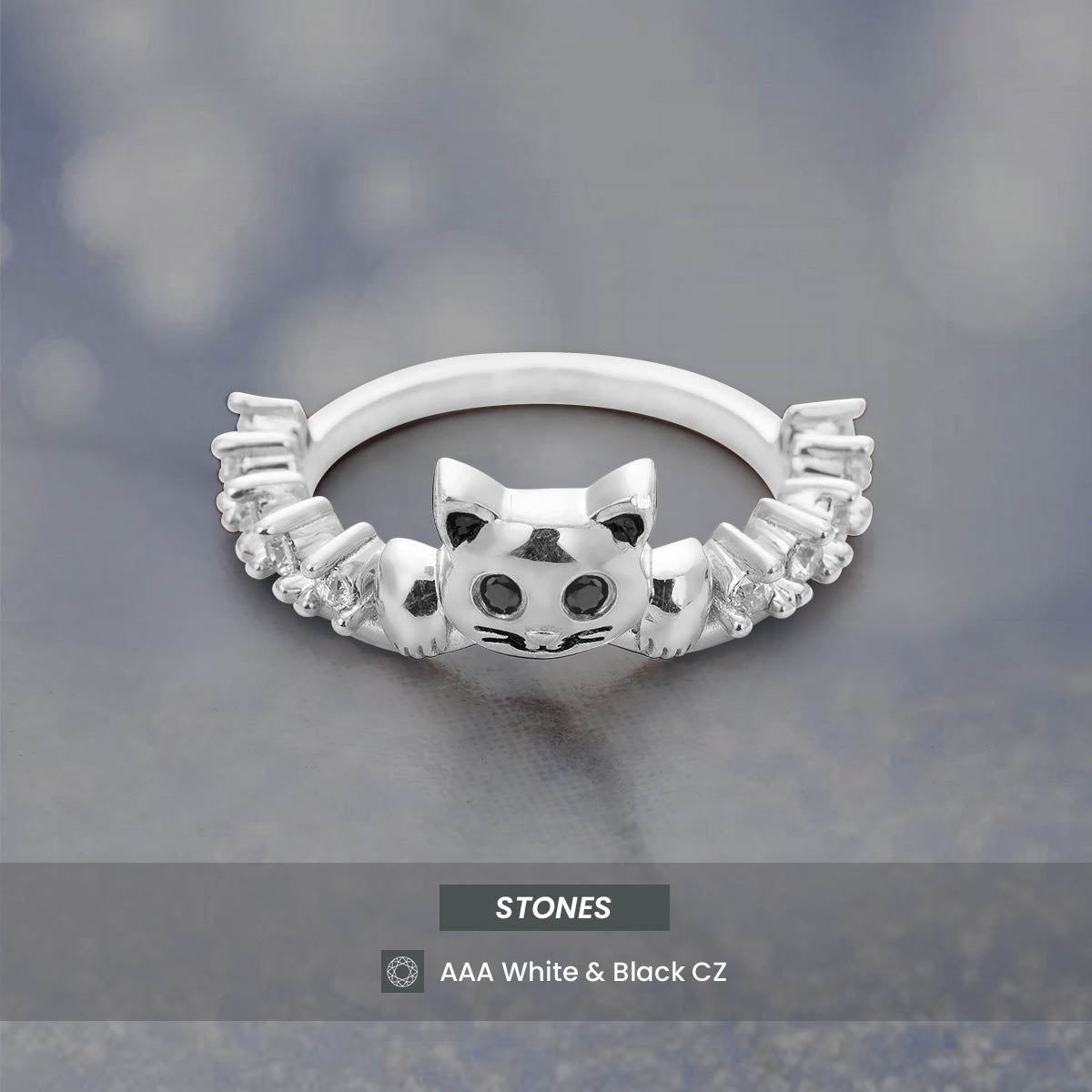 Diamond Cat Wedding Band Cute Kitty Cat Jewelry Stacking Band Sterling Silver Rose Gold White Gold