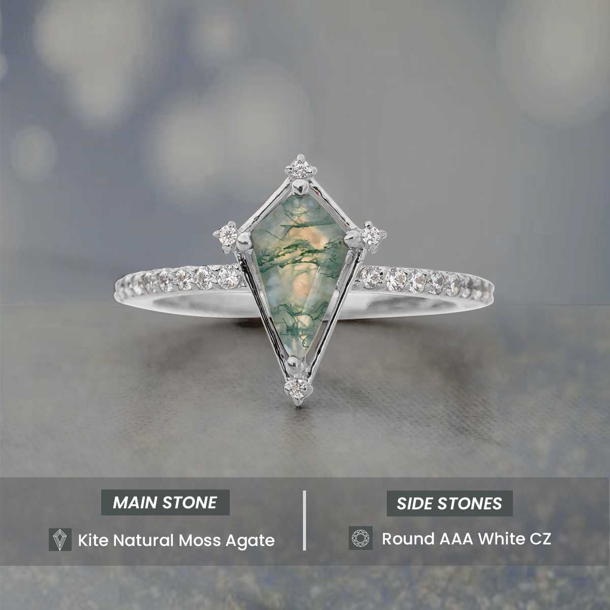 Kite Cut Moss Agate Ring Vintage Natural Gemstone Engagement Ring Rose Gold