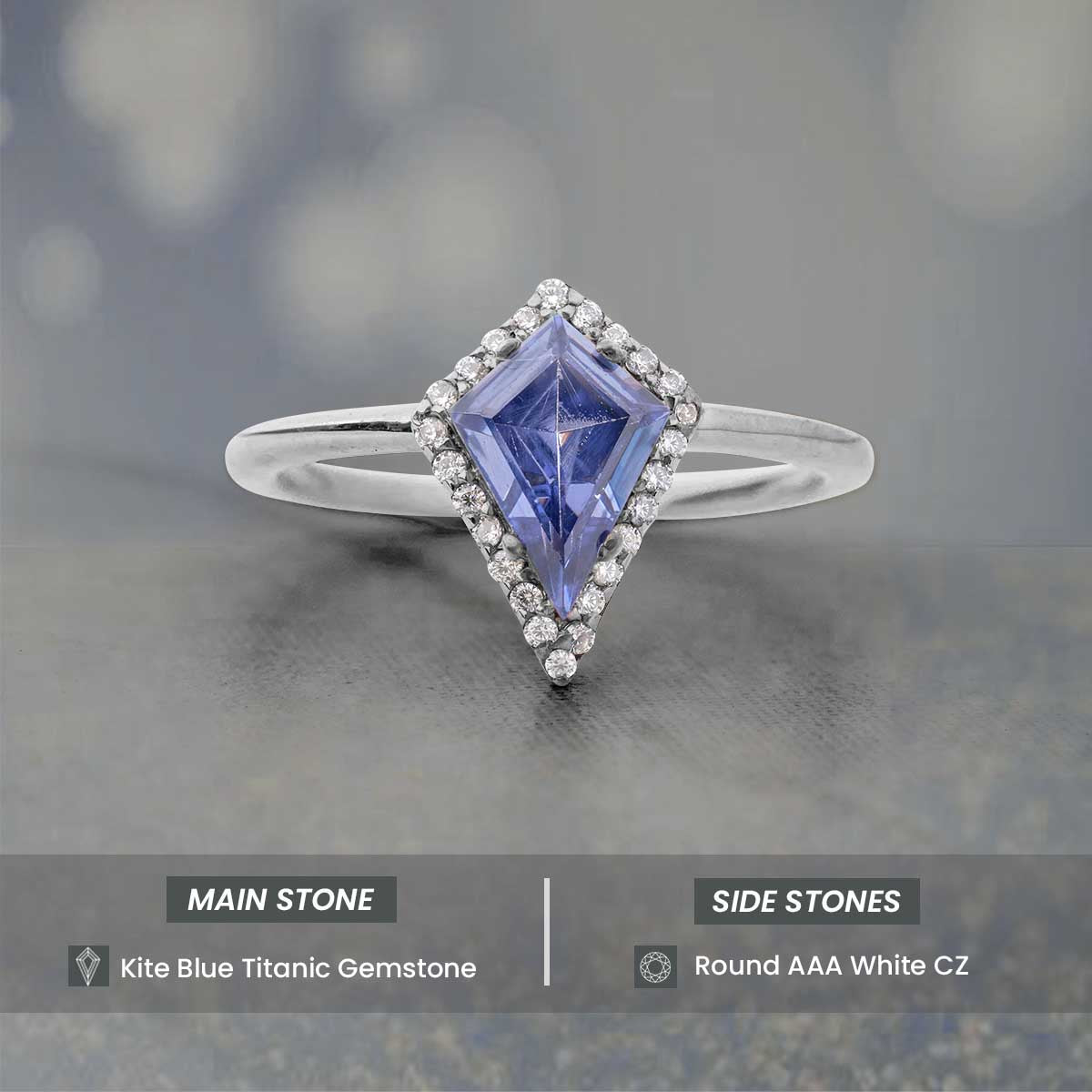 Kite Cut Halo Engagement Ring Blue Titanic Gemstone Rings Sterling Silver Rose Gold