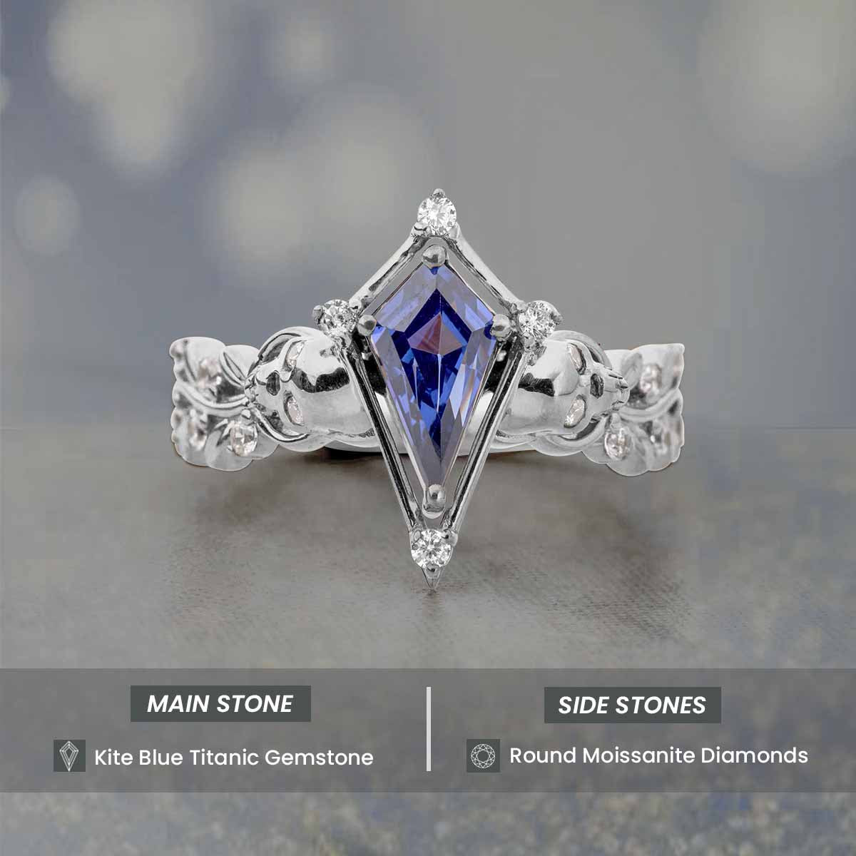Kite Cut Blue Titanic Gemstone Art Deco Skull Engagement Ring