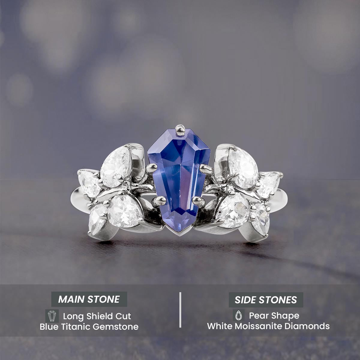 Blue Titanic Gemstone and Teardrop Moissanite Butterfly Ring