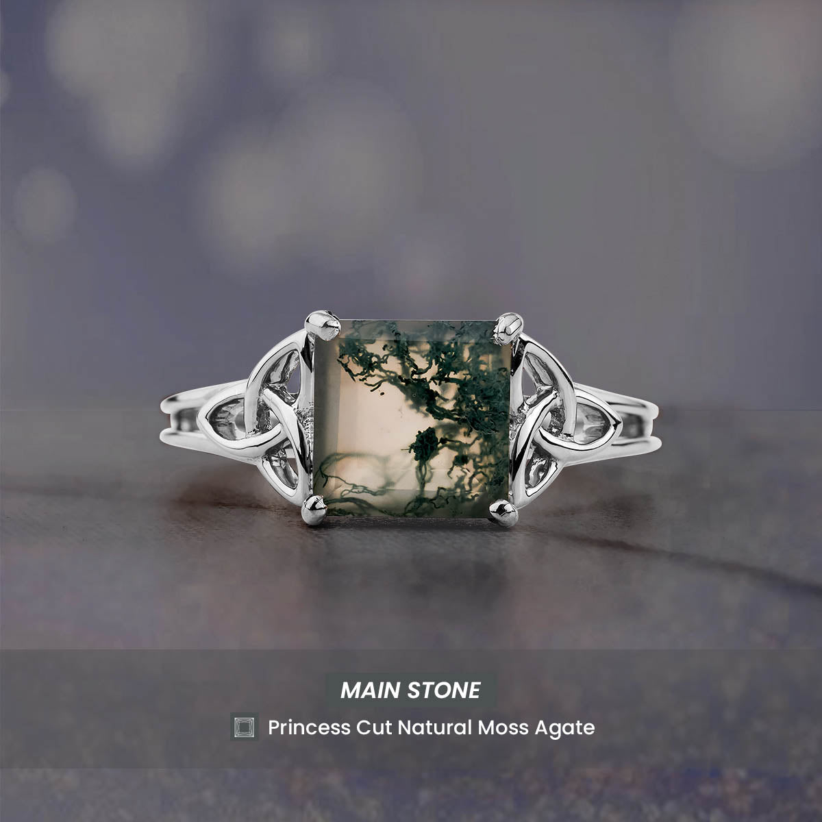 Princess Cut Solitaire Moss Agate Celtic Trinity Engagement Ring