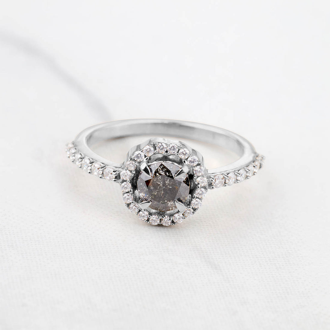 Natural Salt and Pepper Diamond Halo Moissanite Wedding Ring