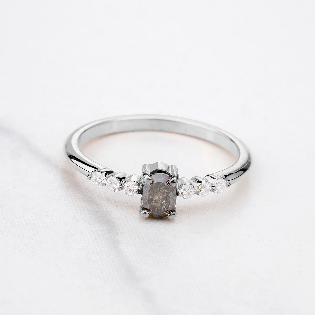 Oval Cut Natural Salt and Pepper Galaxy Diamond Promise Ring