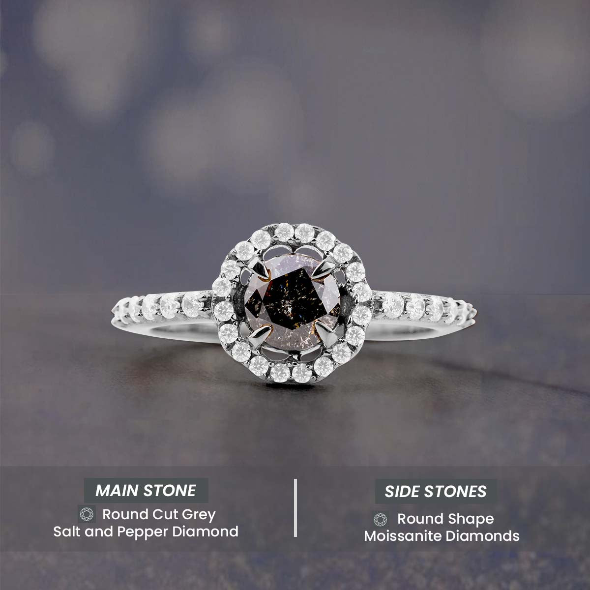Natural Salt and Pepper Diamond Halo Moissanite Wedding Ring
