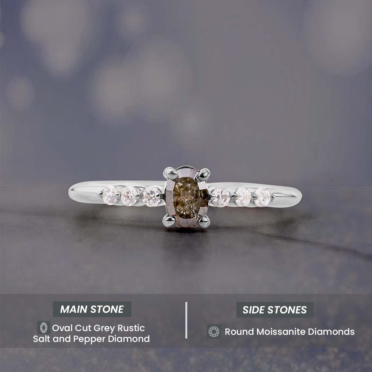 Oval Cut Natural Salt and Pepper Galaxy Diamond Promise Ring