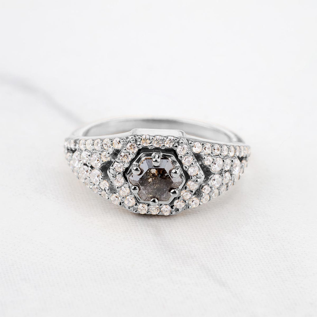 Natural Salt and Pepper Diamond Hexagon Cut Engagement Ring