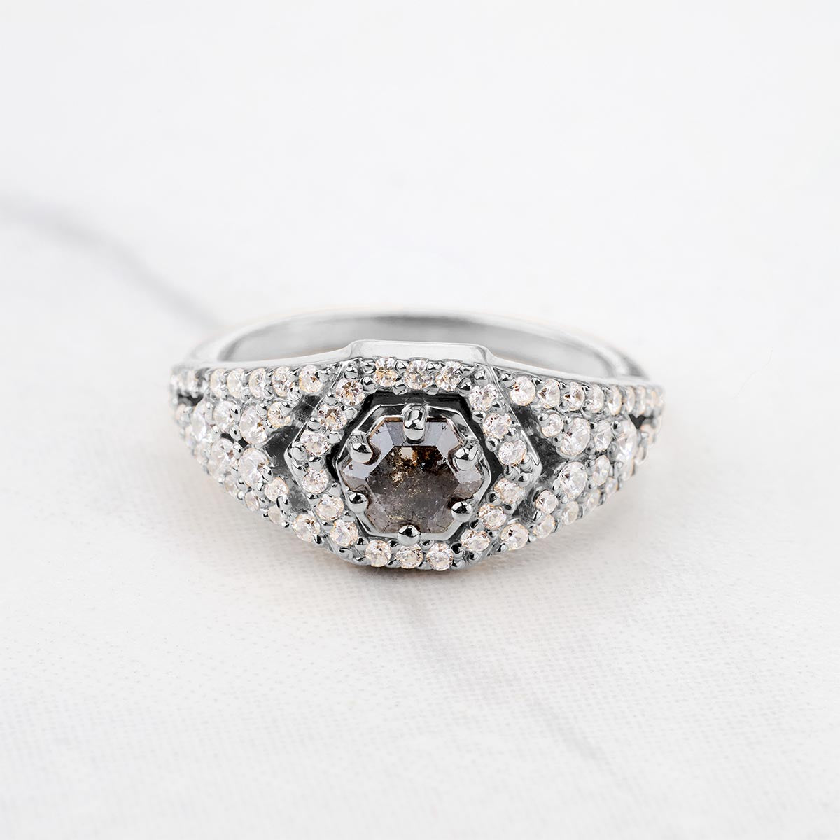 Natural Salt and Pepper Diamond Hexagon Cut Engagement Ring