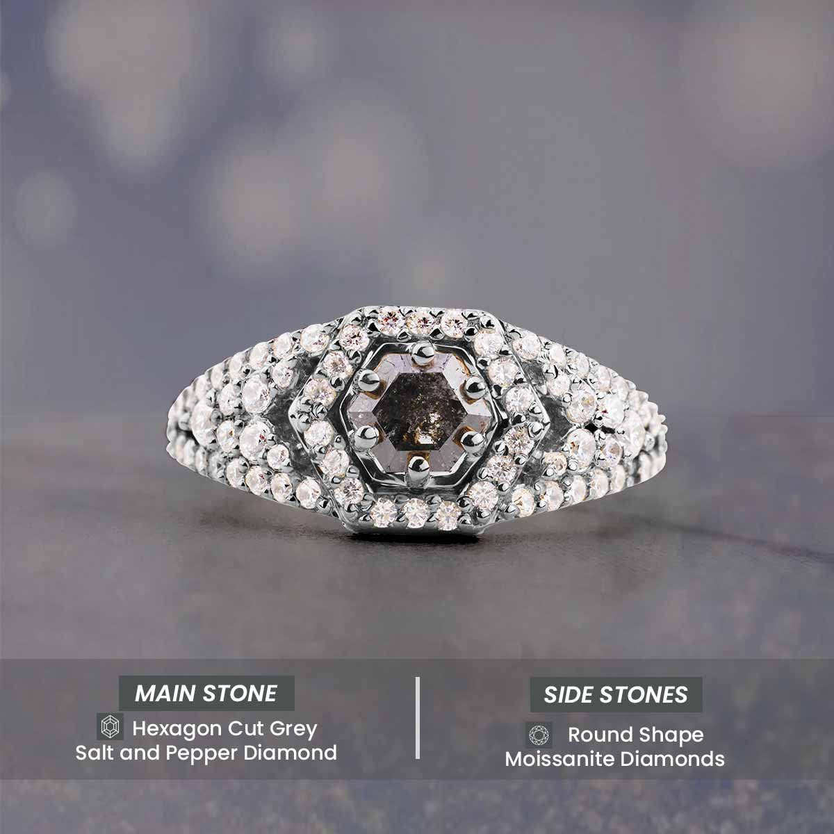 Natural Salt and Pepper Diamond Hexagon Cut Engagement Ring