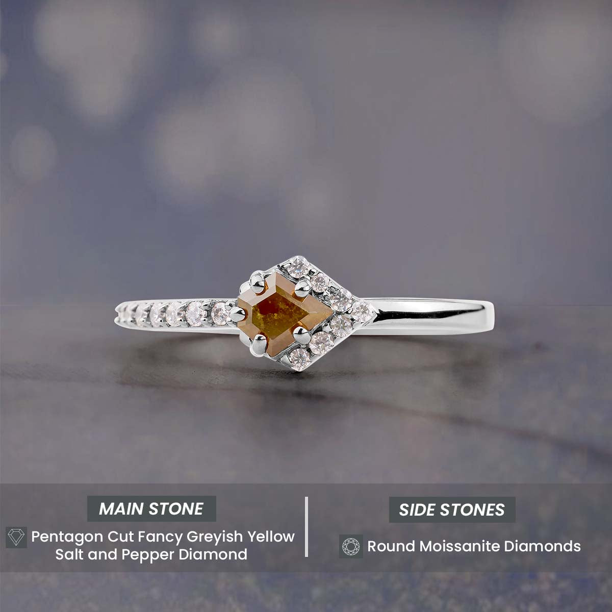 Pentagon Cut Fancy Rustic Diamond Engagement Ring Rose Gold