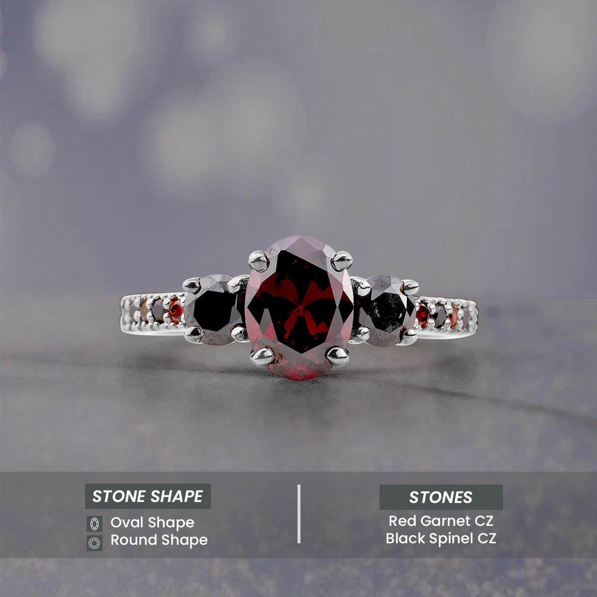 Red and Black Gothic Ring Multi Gemstone Oval Cut 3 Stone Engagement Ring