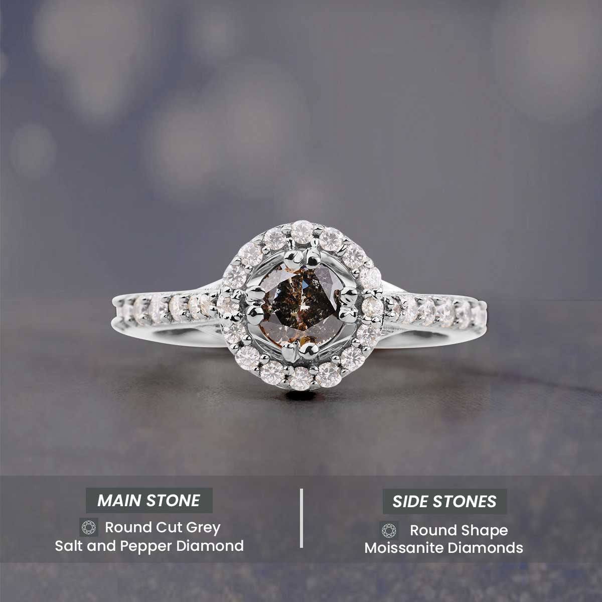 Galaxy Diamond Engagement Ring Halo Moissanite Salt and Pepper