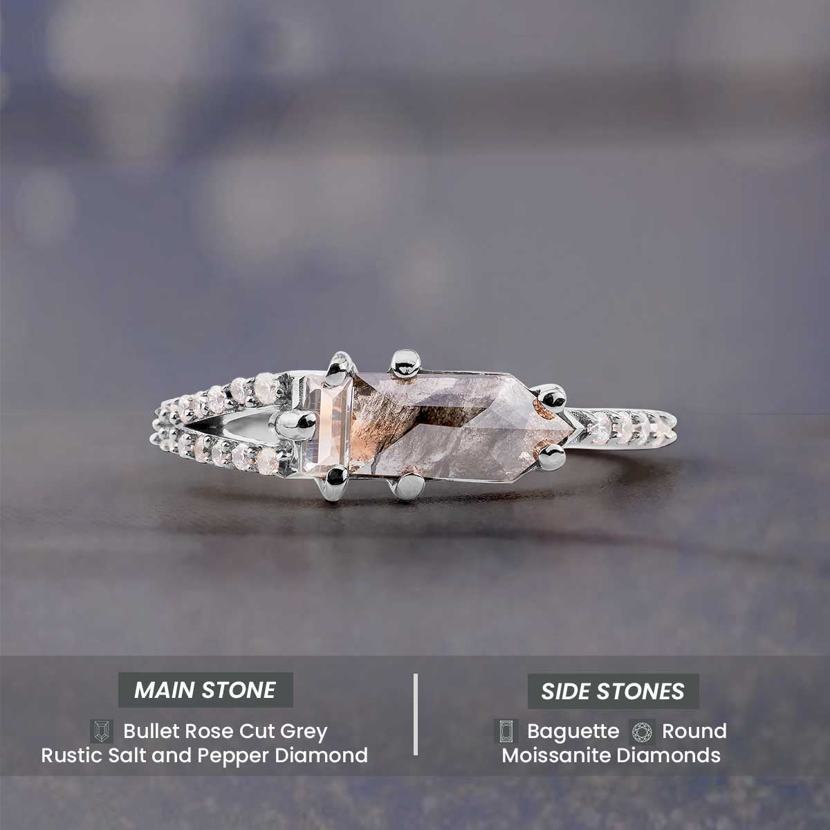 Rose Cut Bullet Natural Salt and Pepper Diamond Promise Ring