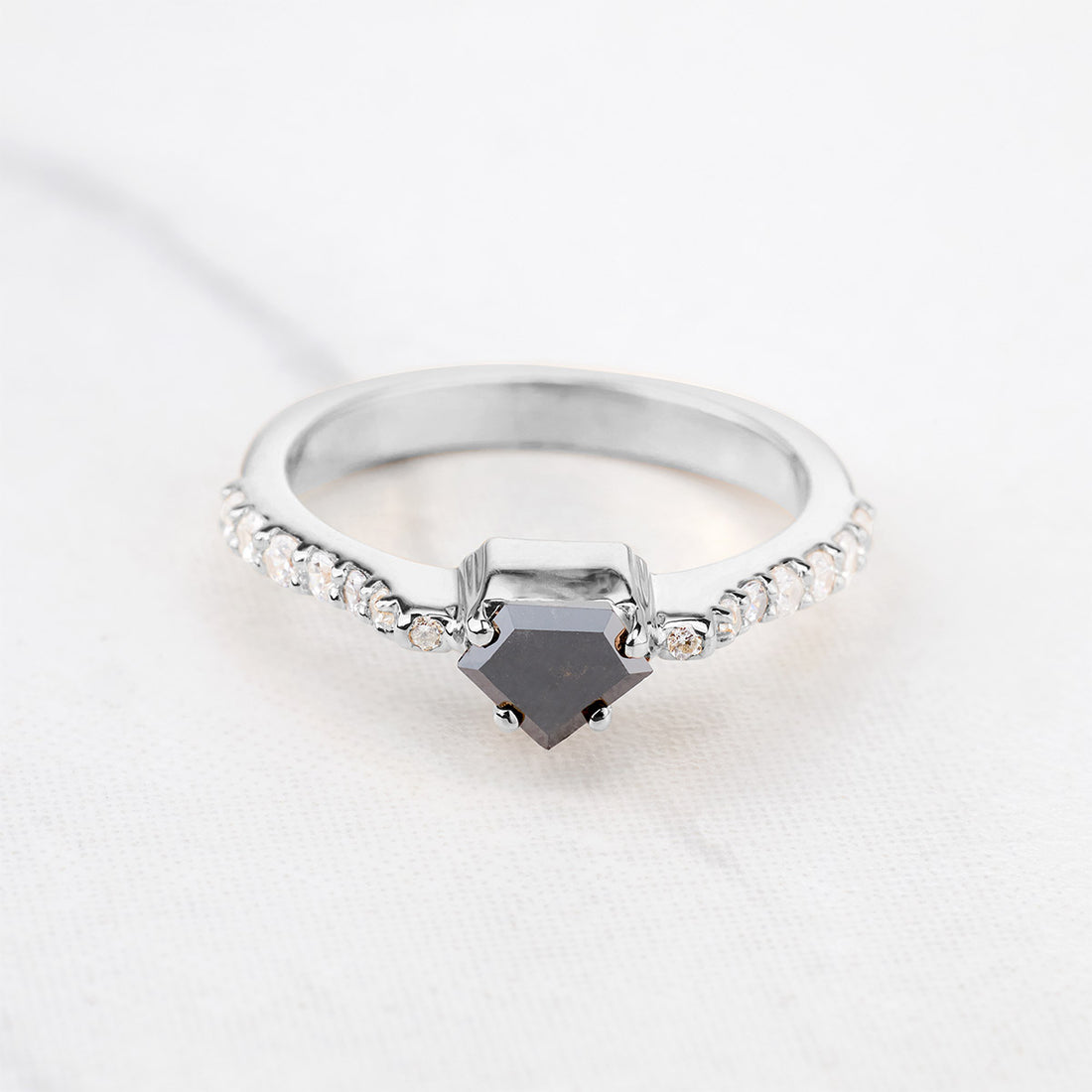 Pentagon Cut Black Natural Rustic Diamond Engagement Ring