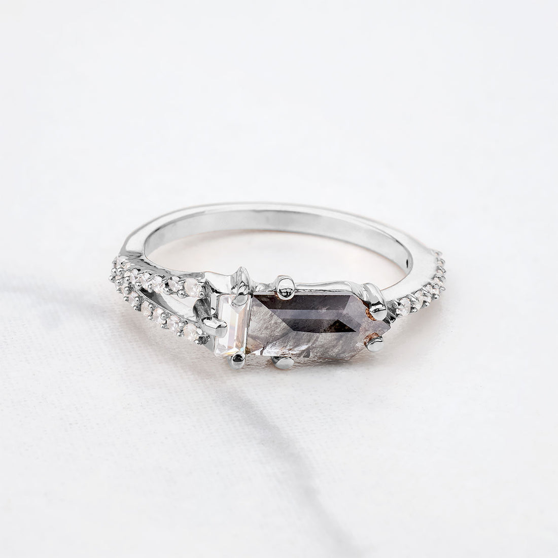 Rose Cut Bullet Natural Salt and Pepper Diamond Promise Ring