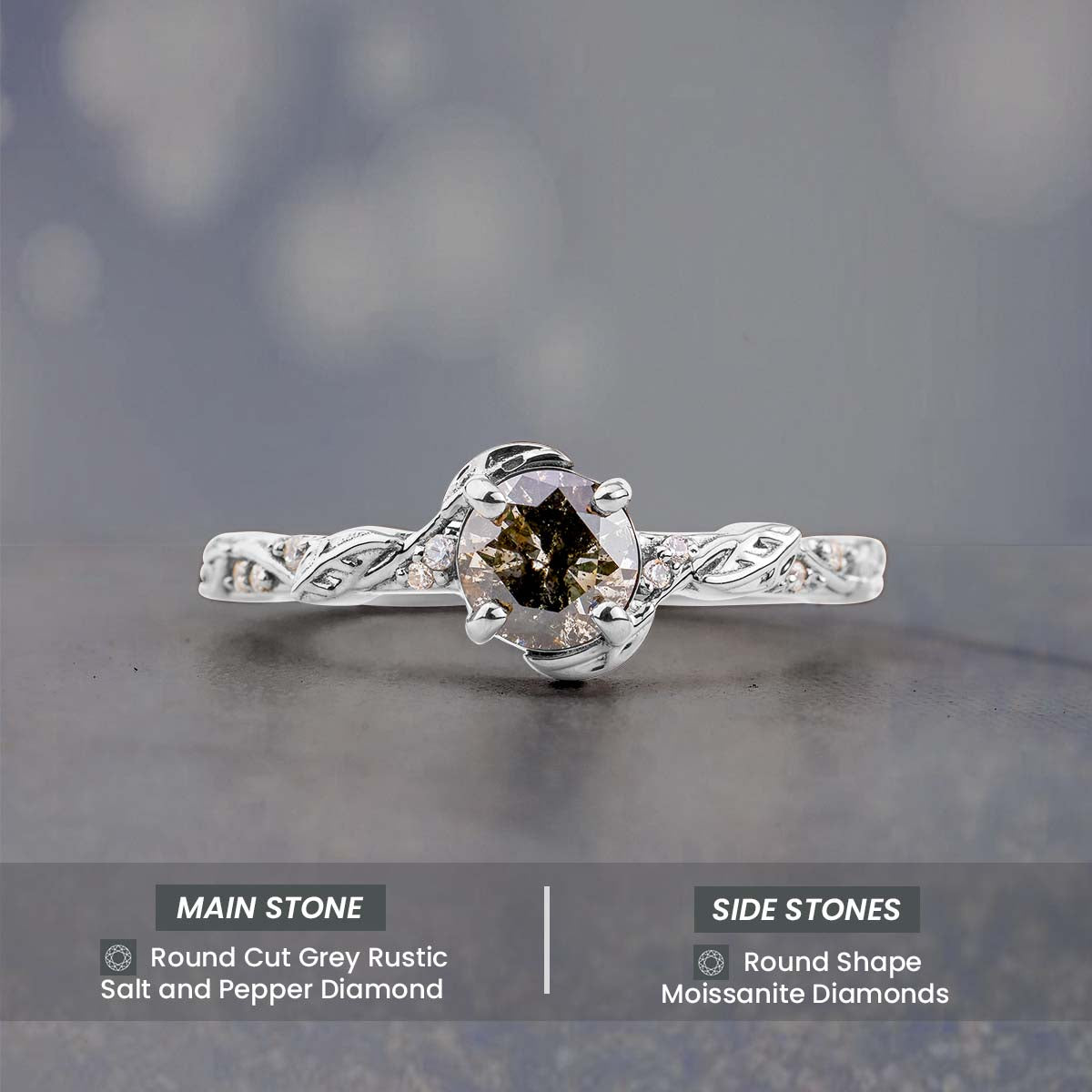 Natural Salt and Pepper Grey Rustic Diamond Engagement Ring