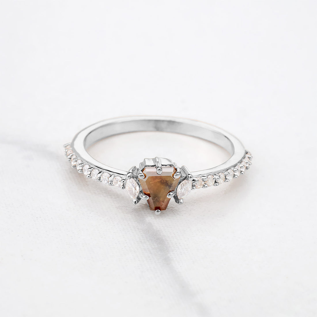 Fancy colored natural rustic diamond coffin cut engagement ring