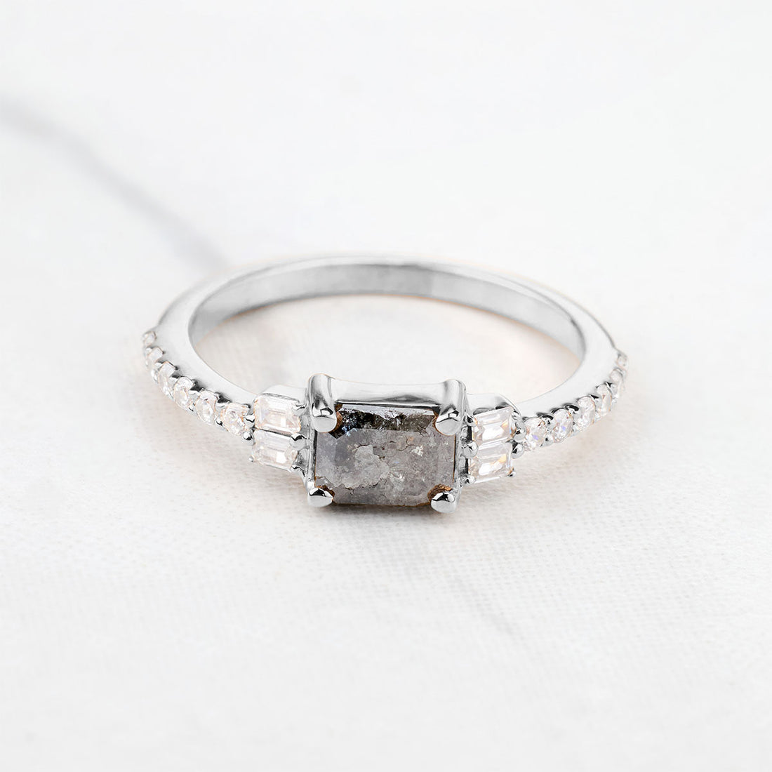 Emerald Cut Natural Salt and Pepper Diamond Engagement Rings