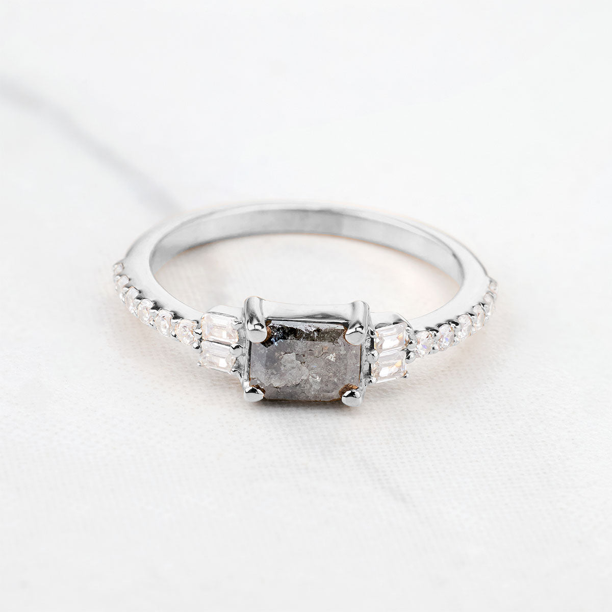 Emerald Cut Natural Salt and Pepper Diamond Engagement Rings