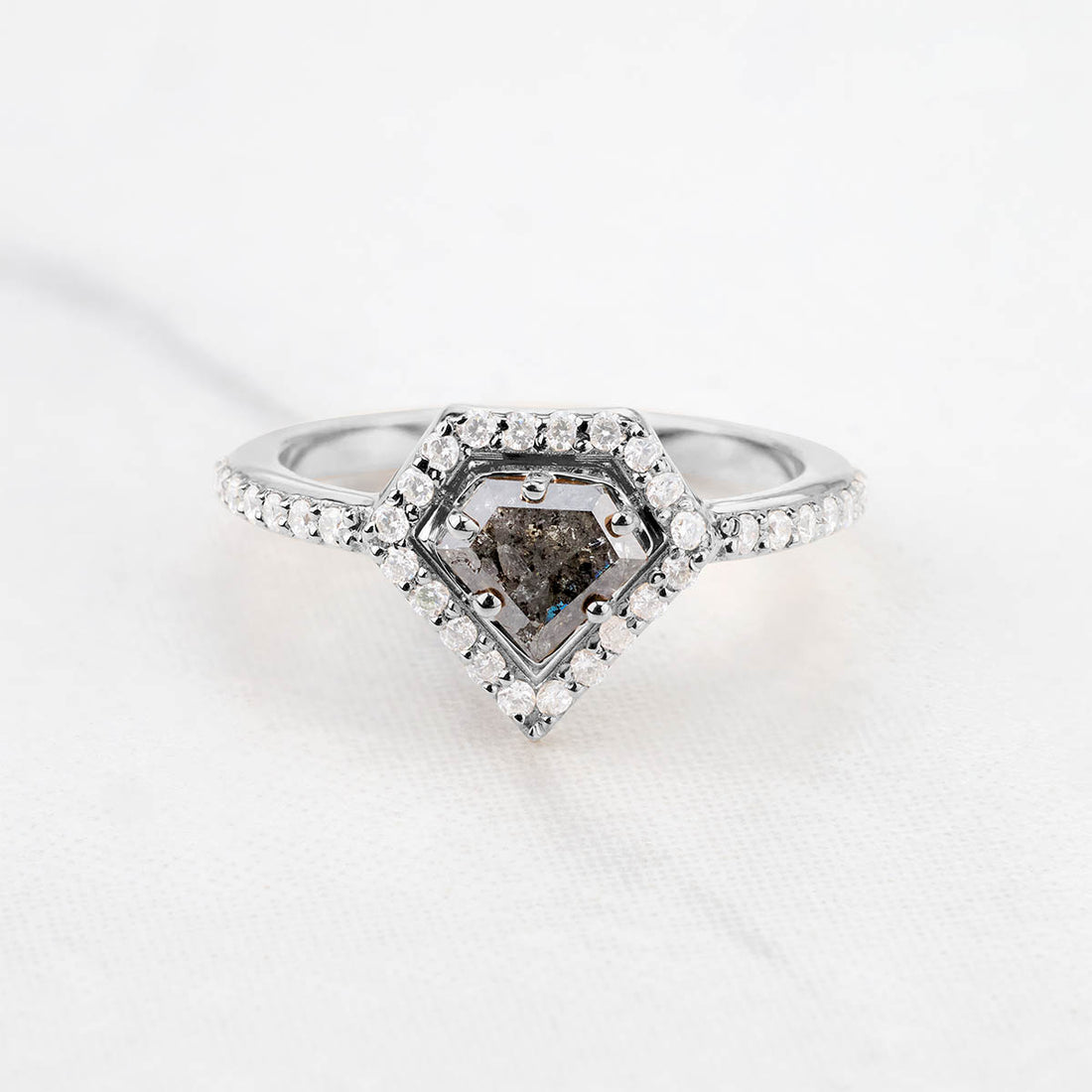 Pentagon Cut Natural Salt and Pepper Diamond Engagement Ring