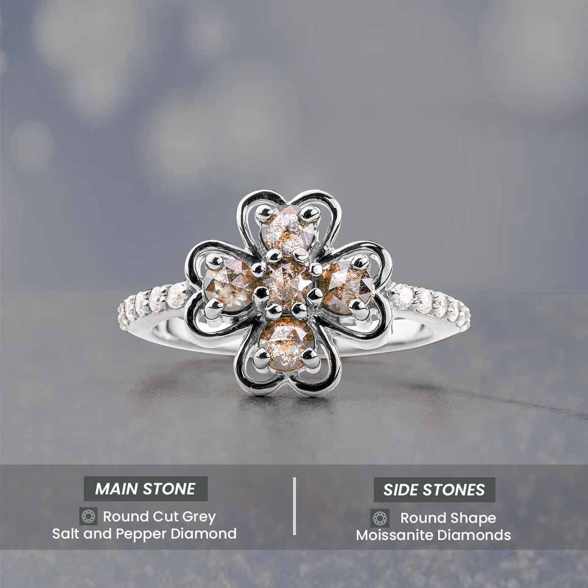 Salt and Pepper Natural Diamond Flower Romantic Anniversary Ring Gift