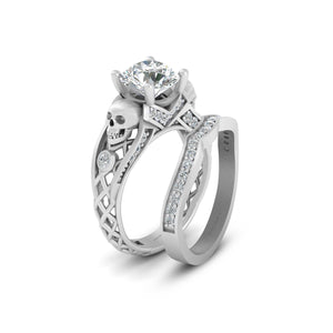Diamond Skull Engagement Ring Set Skull Wedding Ring Set White Gold