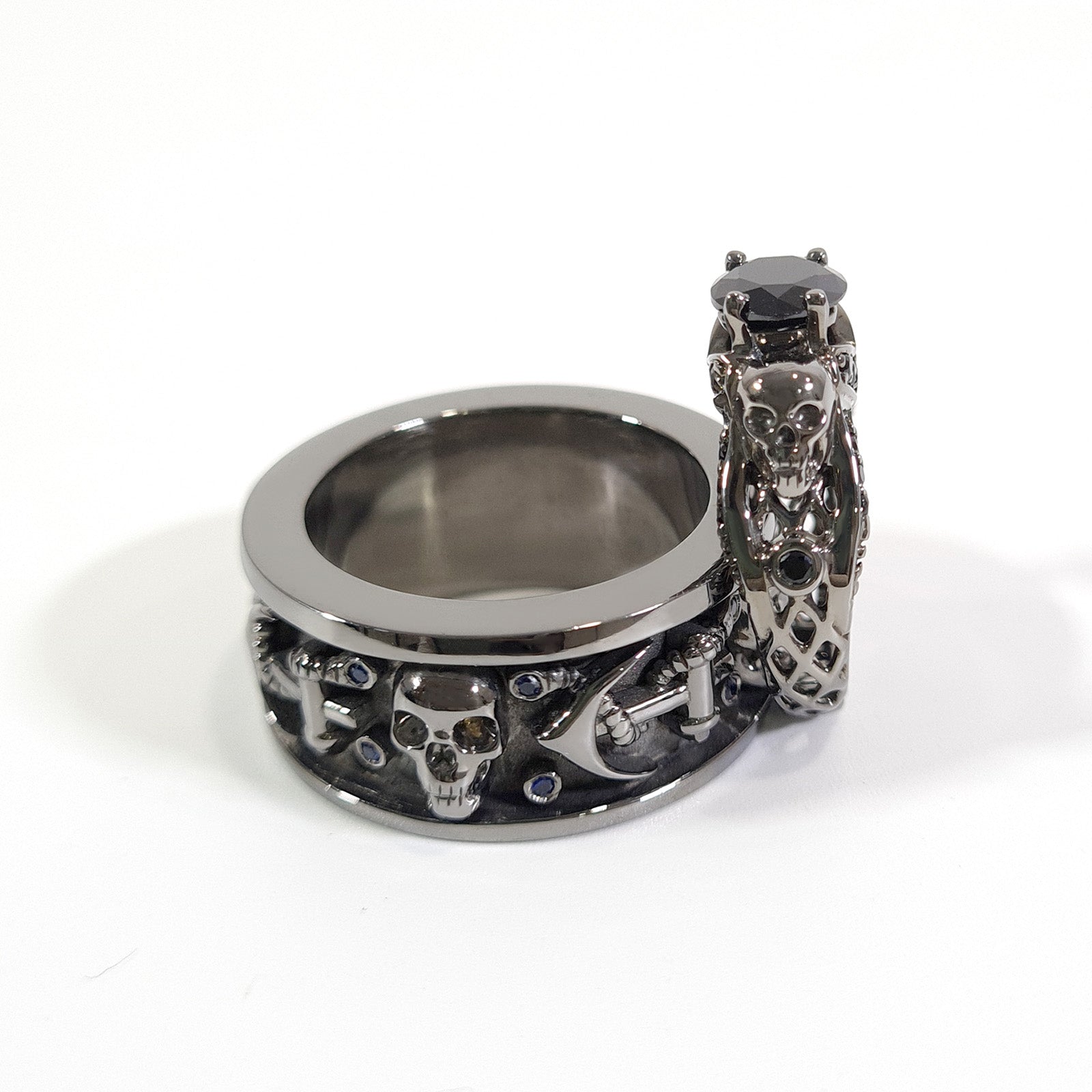 Matching Skull Wedding Ring Set His & Her Anchor Couple Rings 