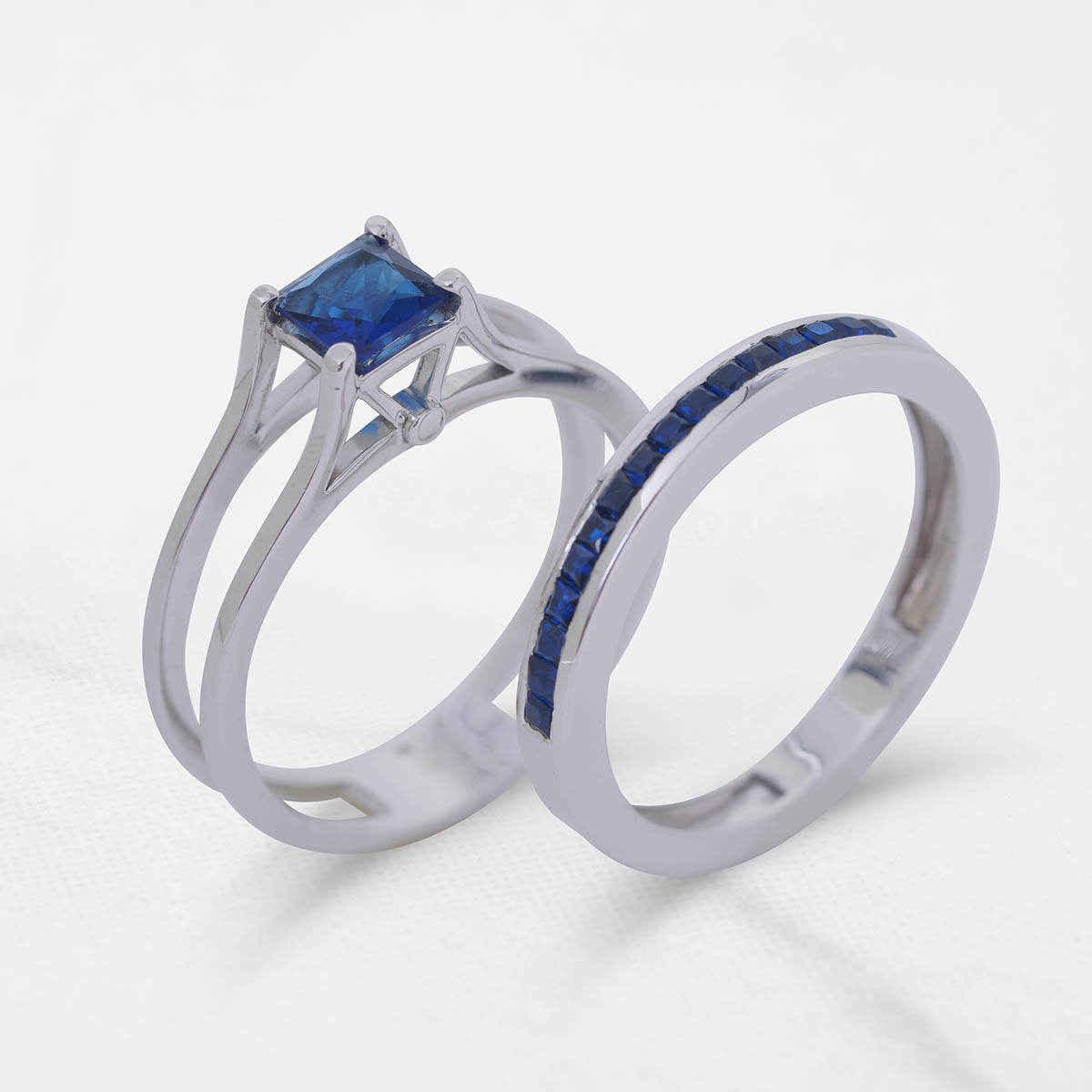 Princess Cut Sapphire Bridal Ring Set White Gold Wedding Rings