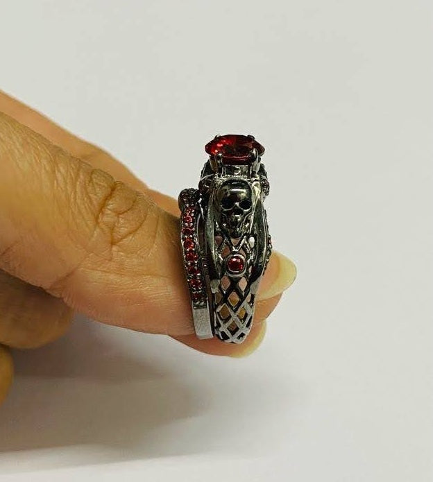 Dark Vampire Queen Skull Engagement Ring Set Bridal Ring Sets