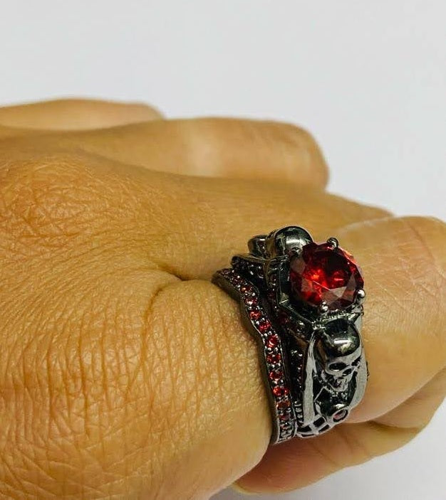 Dark Vampire Queen Skull Engagement Ring Set Bridal Ring Sets