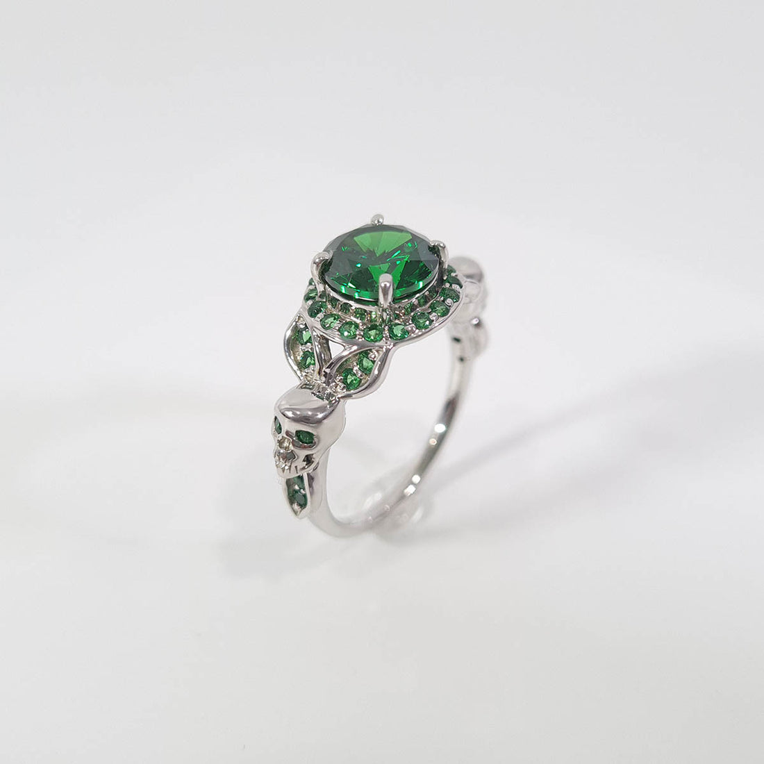 Halo Emerald Skull Wedding Ring Leaf Skull Ring Sterling Silver
