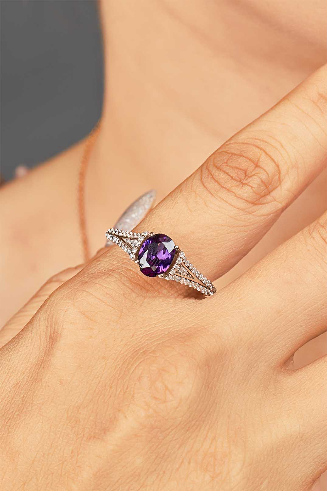 Amethyst Engagement Rings for Women Oval Cut Purple Gemstone Art Deco Wedding Rose Gold White Gold Sterling Silver