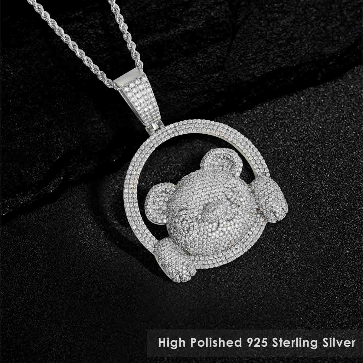 Iced Out Panda Pendant Necklace Sterling Silver Bear Animal Hip Hop Jewelry