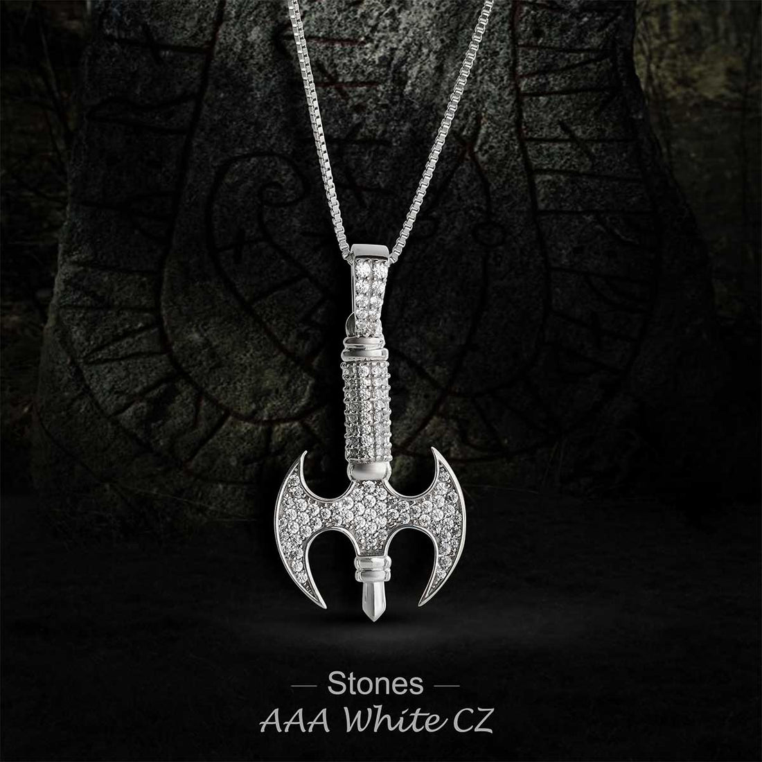 Iced Out Viking Axe Pendant Necklace Sterling Silver Hip Hop Warrior Jewelry
