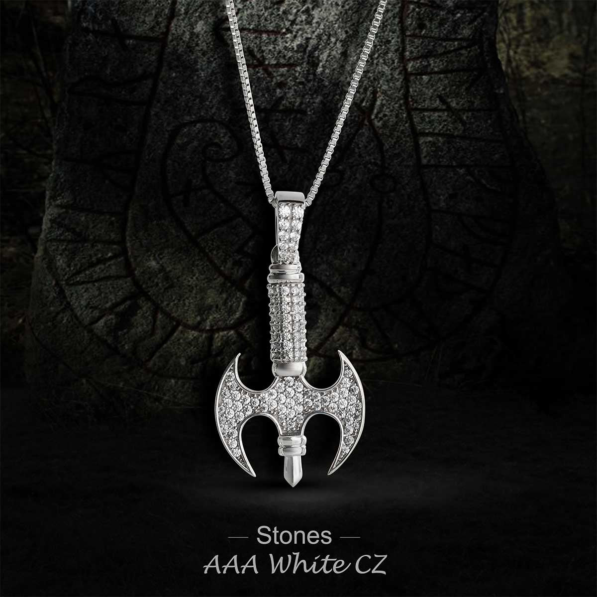 Iced Out Viking Axe Pendant Necklace Sterling Silver Hip Hop Warrior Jewelry