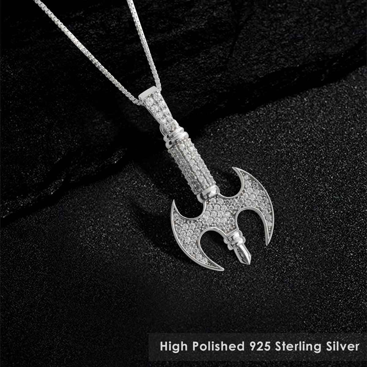 Iced Out Viking Axe Pendant Necklace Sterling Silver Hip Hop Warrior Jewelry