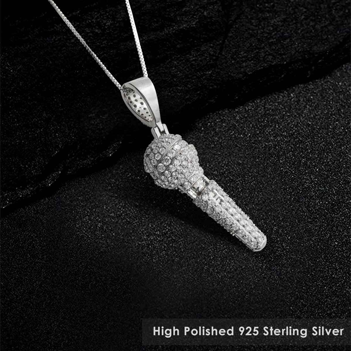 Iced Out Microphone Pendant Necklace Sterling Silver Mic Pendant Hip Hop Jewelry