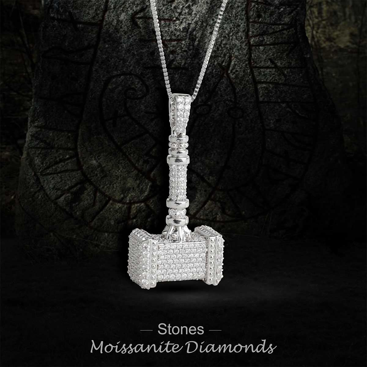 Iced Out Thor's Hammer Necklace Pendant Moissanite Diamond Hip Hop Jewelry Silver