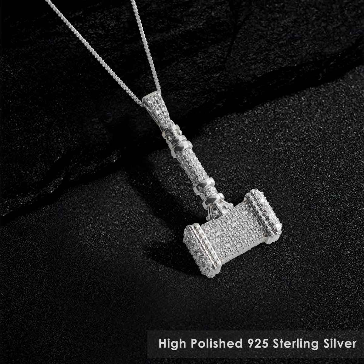 Iced Out Thor's Hammer Pendant Necklace Hip Hop Jewelry Sterling Silver CZ Diamond