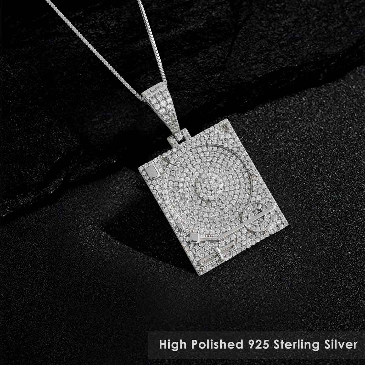 Phonograph Pendant Necklace Sterling Silver Hip Hop Jewelry CZ Diamond
