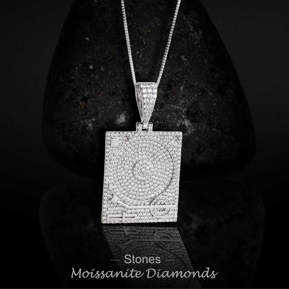 Moissanite Phonograph Pendant Necklace Sterling Silver Hip Hop Jewelry