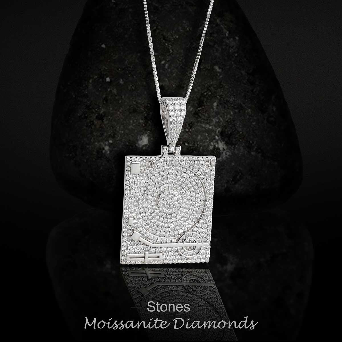 Moissanite Phonograph Pendant Necklace Sterling Silver Hip Hop Jewelry