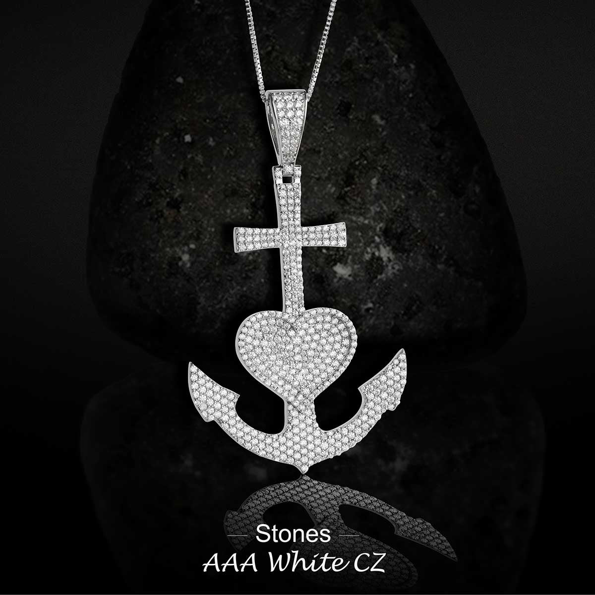 Iced Out Cross Anchor Heart Pendant Necklace Sterling Silver Hip Hop Jewelry