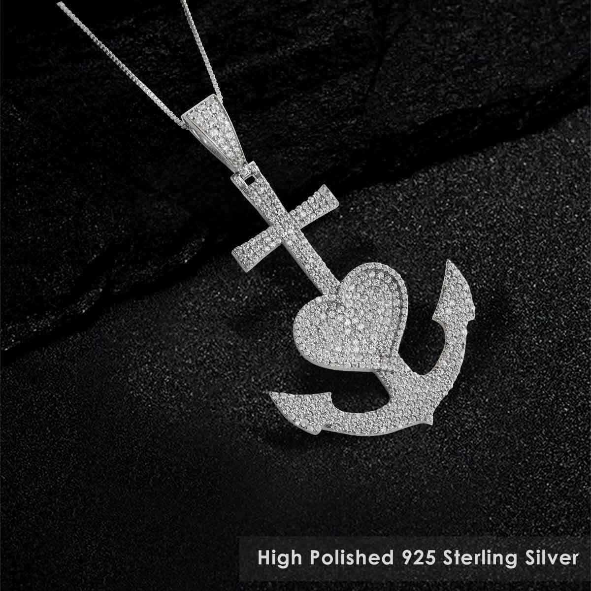 Iced Out Cross Anchor Heart Pendant Necklace Sterling Silver Hip Hop Jewelry
