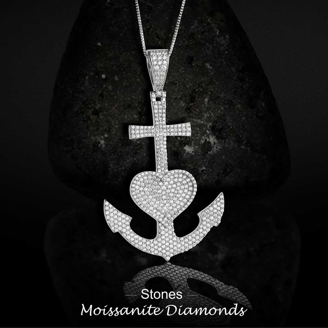 Icedout Cross Anchor Heart Necklace Moissanite Pendant Silver Hip Hop Jewelry