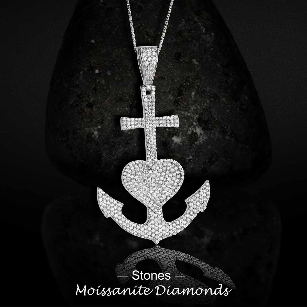 Icedout Cross Anchor Heart Necklace Moissanite Pendant Silver Hip Hop Jewelry