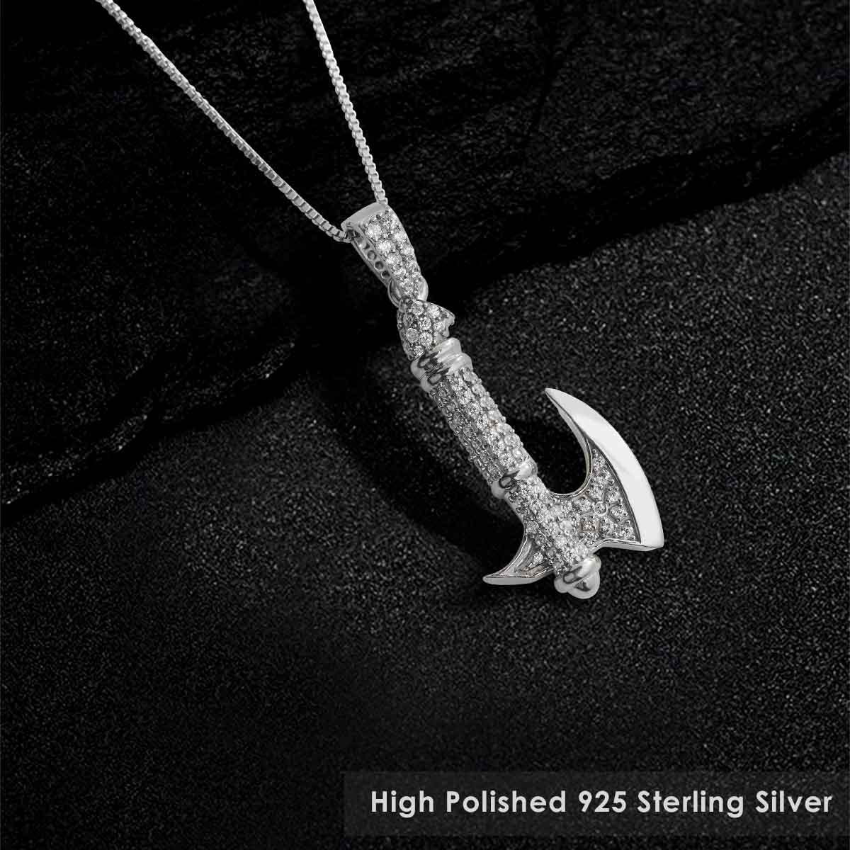 Viking Axe Pendant Necklace Icy Norse Iced Out Hip Hop Jewelry Sterling Silver